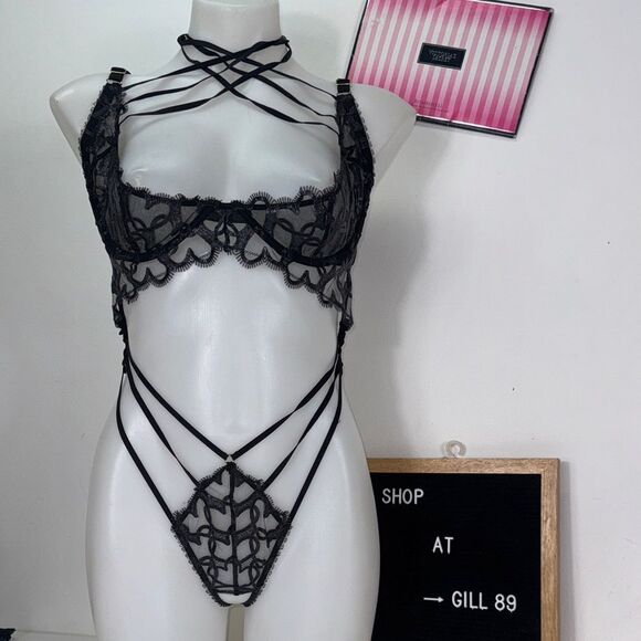 Victoria's Secret Other - 🔥Victoria's Secret Black Strappy Lace Chemise Teddy lingerie Sz XL NWT